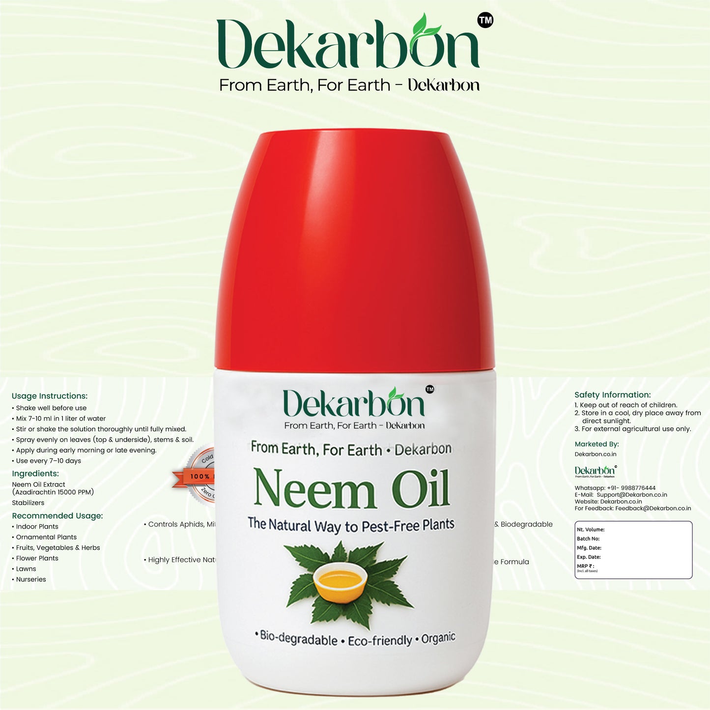 Dekarbon Neem Oil - Cold Pressed, 15000 PPM | Natural Insecticide & Fungicide