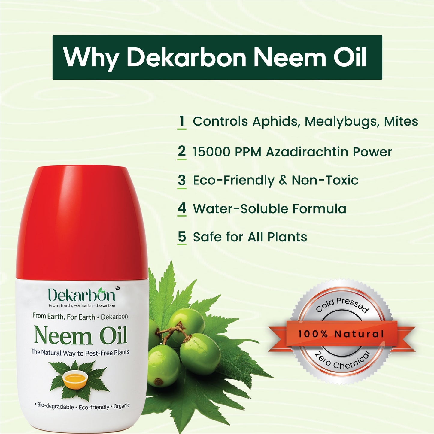 Dekarbon Neem Oil - Cold Pressed, 15000 PPM | Natural Insecticide & Fungicide